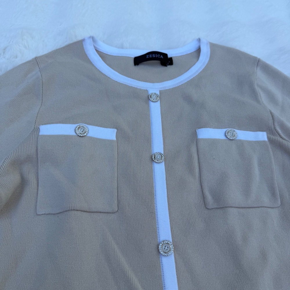 ZESICA Tan White Knit Button Front Midi Dress Rhinestone Buttons Preppy Small - Picture 3 of 8